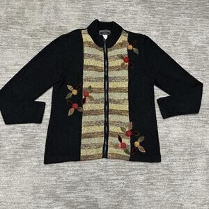 South Cotton Zip Cardigan Sweater Womens Medium Black Floral Applique Mock Neck